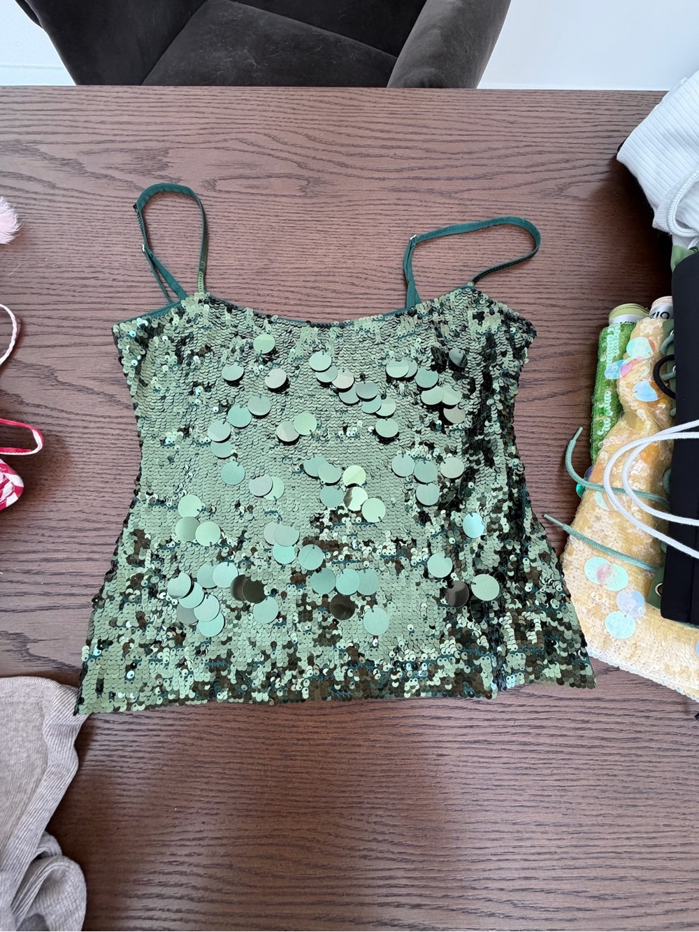 Danielle Guizio Green Sequin Disc Cami Top